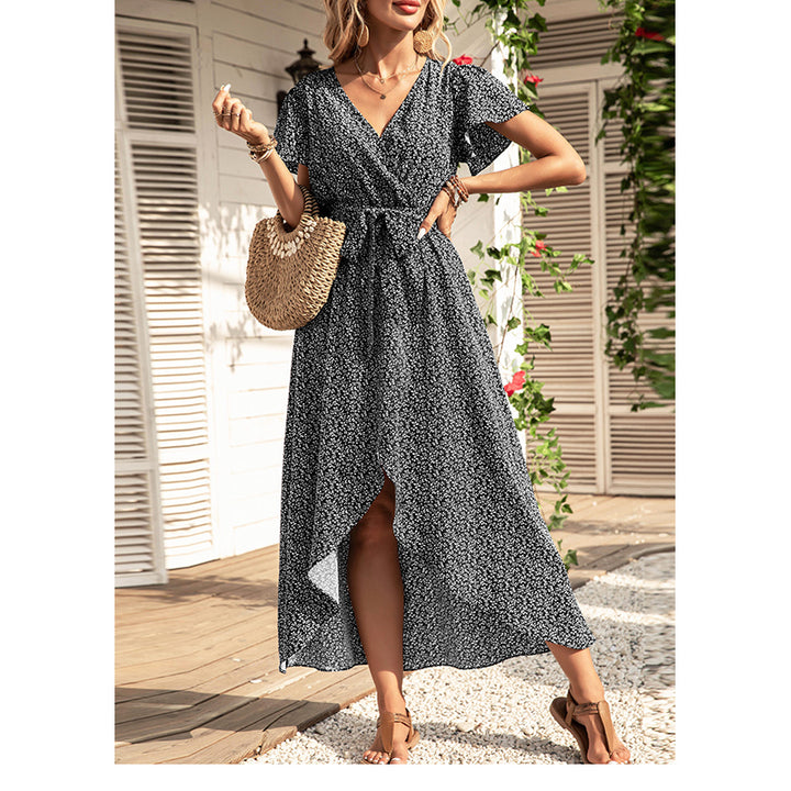 Black & White Floral Printed Wrap Midi Dress