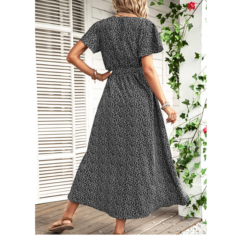 Black & White Floral Printed Wrap Midi Dress