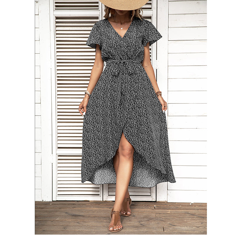 Black & White Floral Printed Wrap Midi Dress