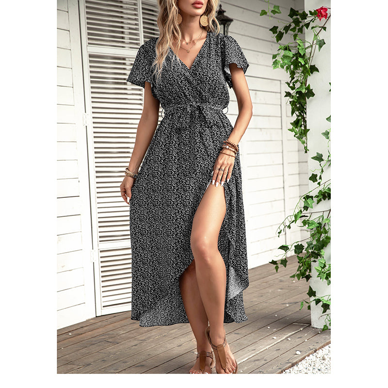 Black & White Floral Printed Wrap Midi Dress