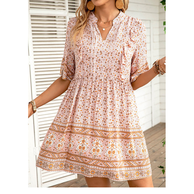 Pink & Brown Floral Print Fit & Flare Dress