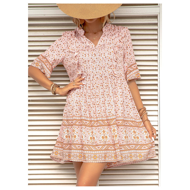 Pink & Brown Floral Print Fit & Flare Dress