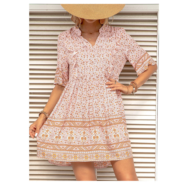 Pink & Brown Floral Print Fit & Flare Dress