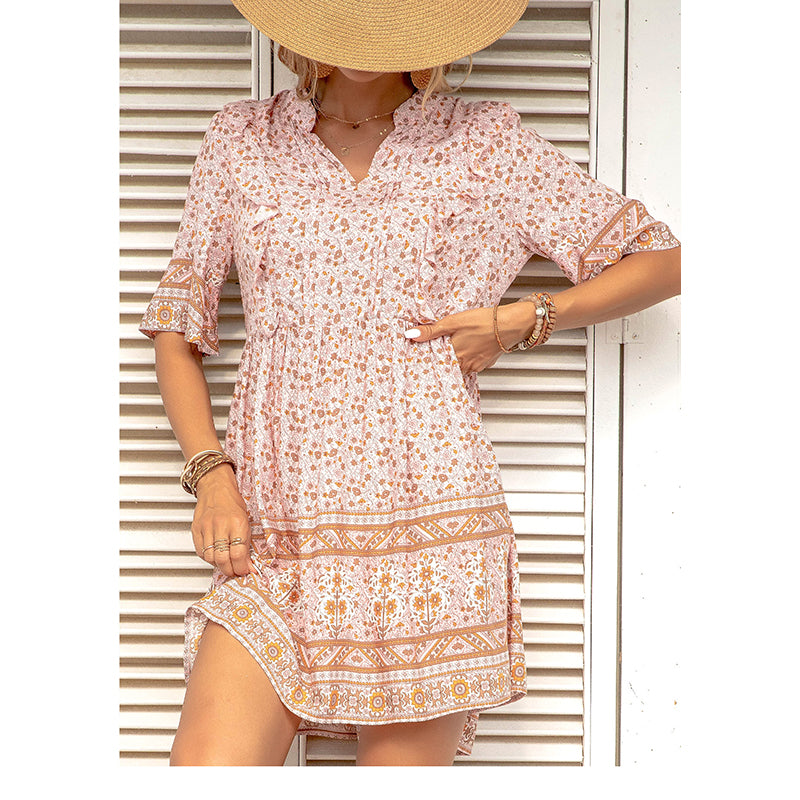 Pink & Brown Floral Print Fit & Flare Dress