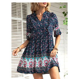 Floral Print Flared Sleeve Fit & Flare Dress