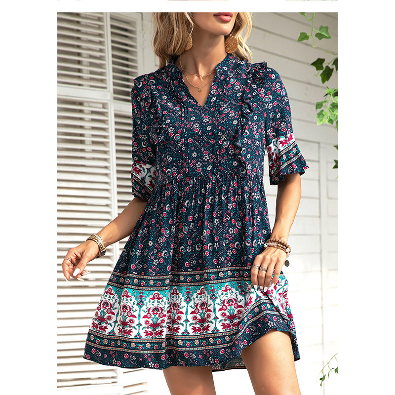 Floral Print Flared Sleeve Fit & Flare Dress