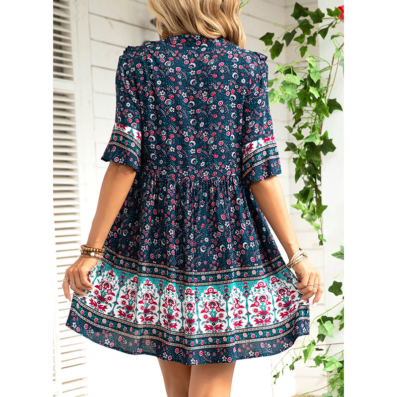 Floral Print Flared Sleeve Fit & Flare Dress