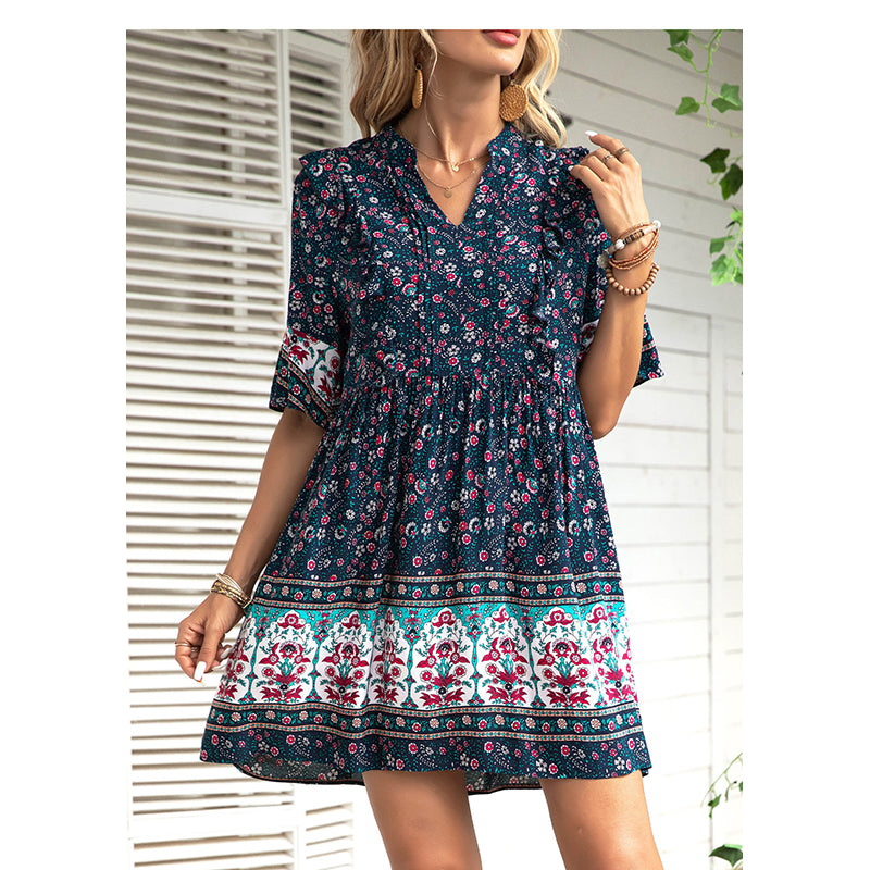Floral Print Flared Sleeve Fit & Flare Dress