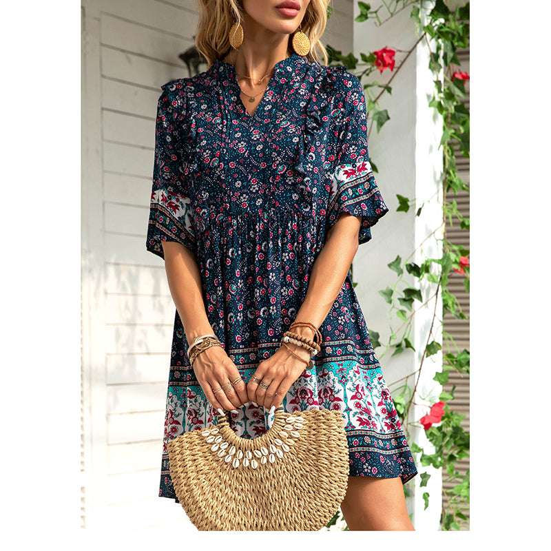Floral Print Flared Sleeve Fit & Flare Dress