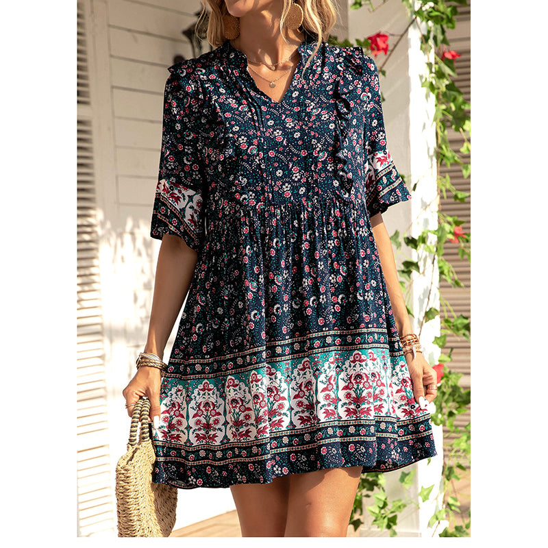 Floral Print Flared Sleeve Fit & Flare Dress