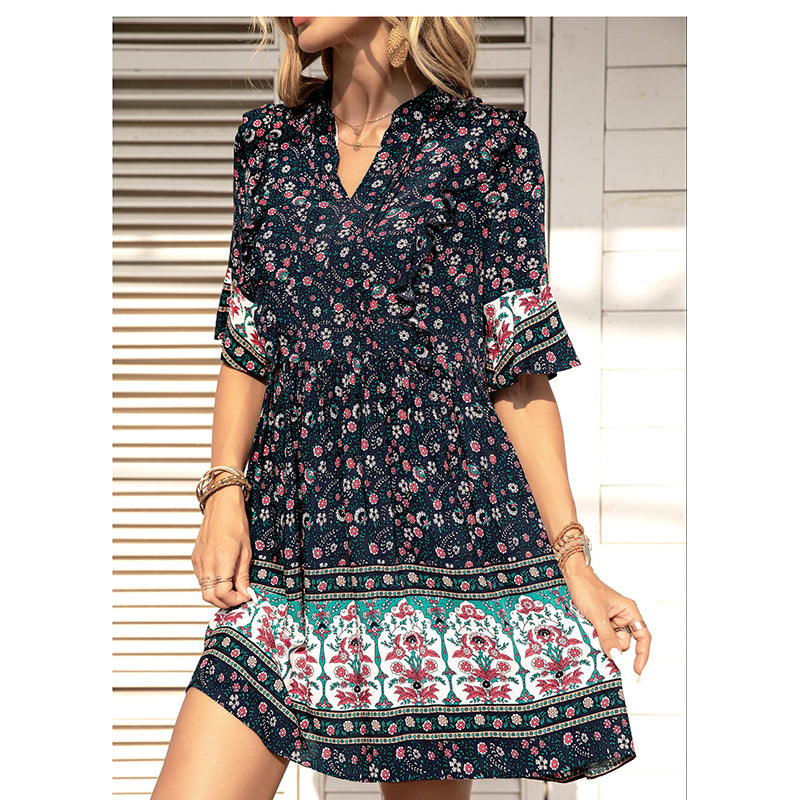 Floral Print Flared Sleeve Fit & Flare Dress
