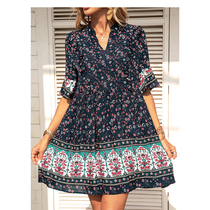 Floral Print Flared Sleeve Fit & Flare Dress