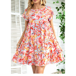 Blue & Pink Floral Printed Flutter Sleeve Tiered Empire Dress