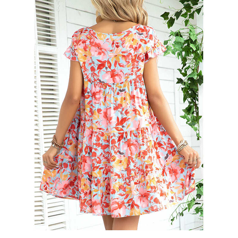 Blue & Pink Floral Printed Flutter Sleeve Tiered Empire Dress