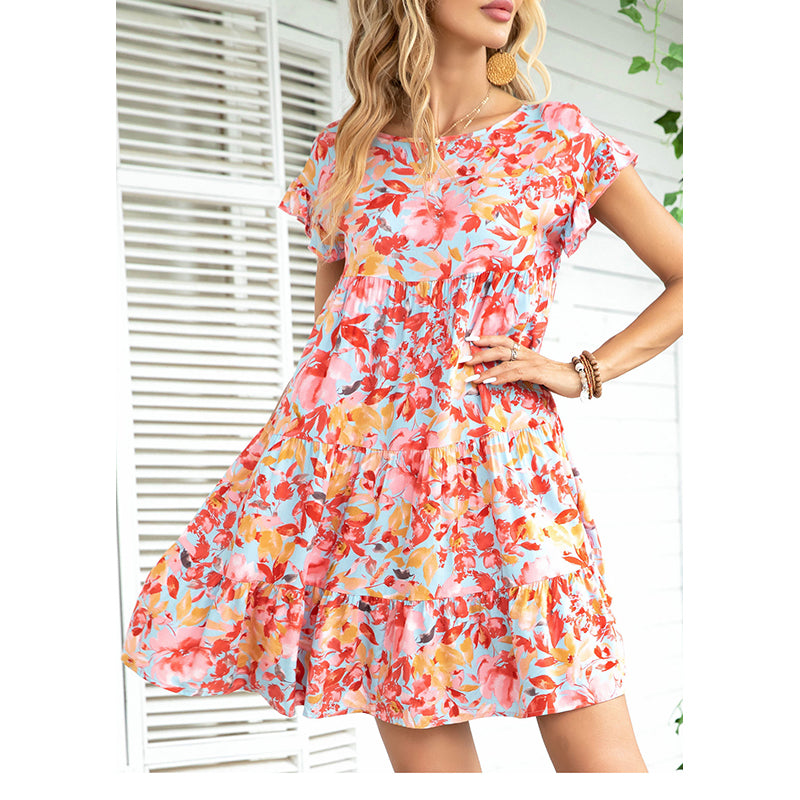 Blue & Pink Floral Printed Flutter Sleeve Tiered Empire Dress