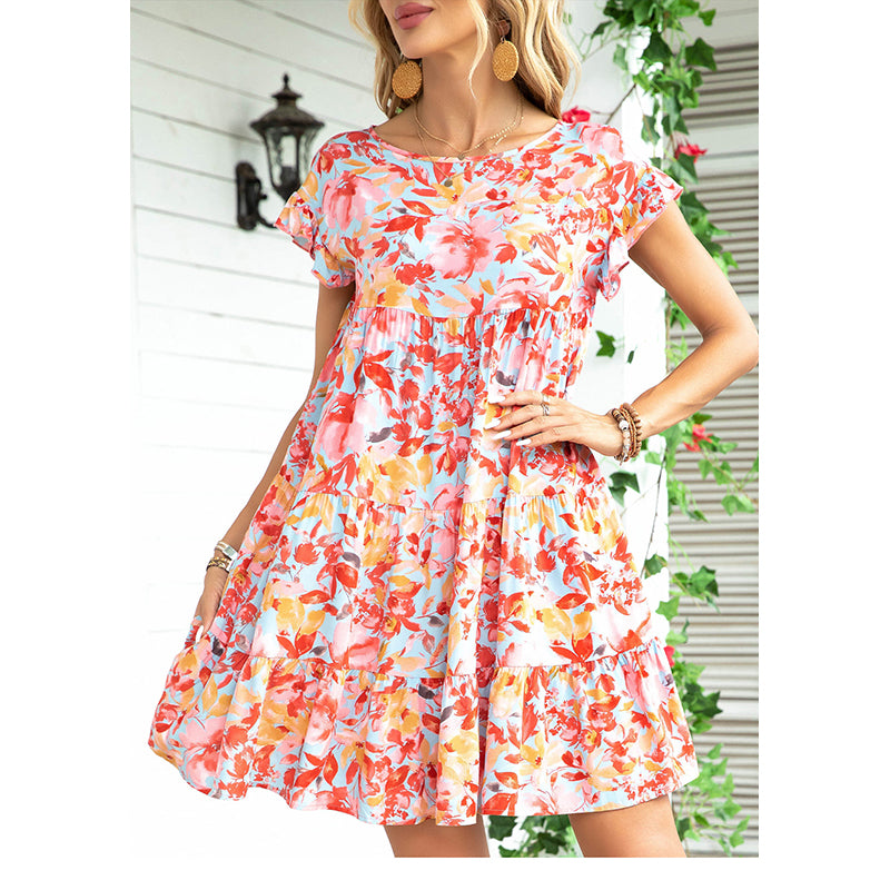 Blue & Pink Floral Printed Flutter Sleeve Tiered Empire Dress