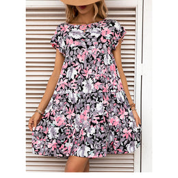 Black & Pink Floral Printed Boat Neck Flared Sleeves Casual A-Line Dress