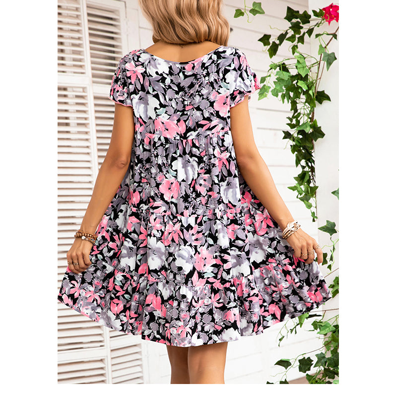 Black & Pink Floral Printed Boat Neck Flared Sleeves Casual A-Line Dress