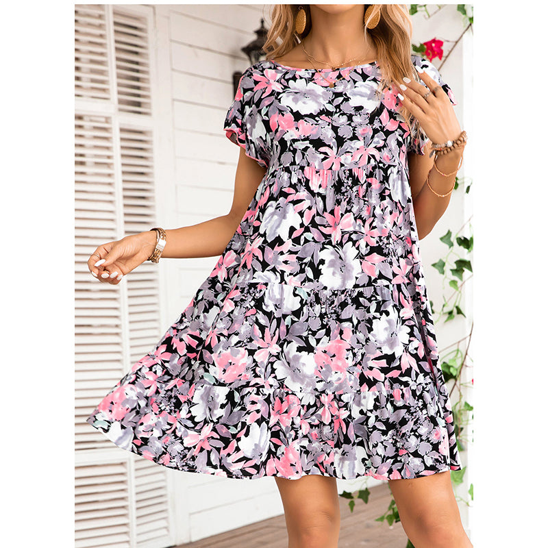 Black & Pink Floral Printed Boat Neck Flared Sleeves Casual A-Line Dress