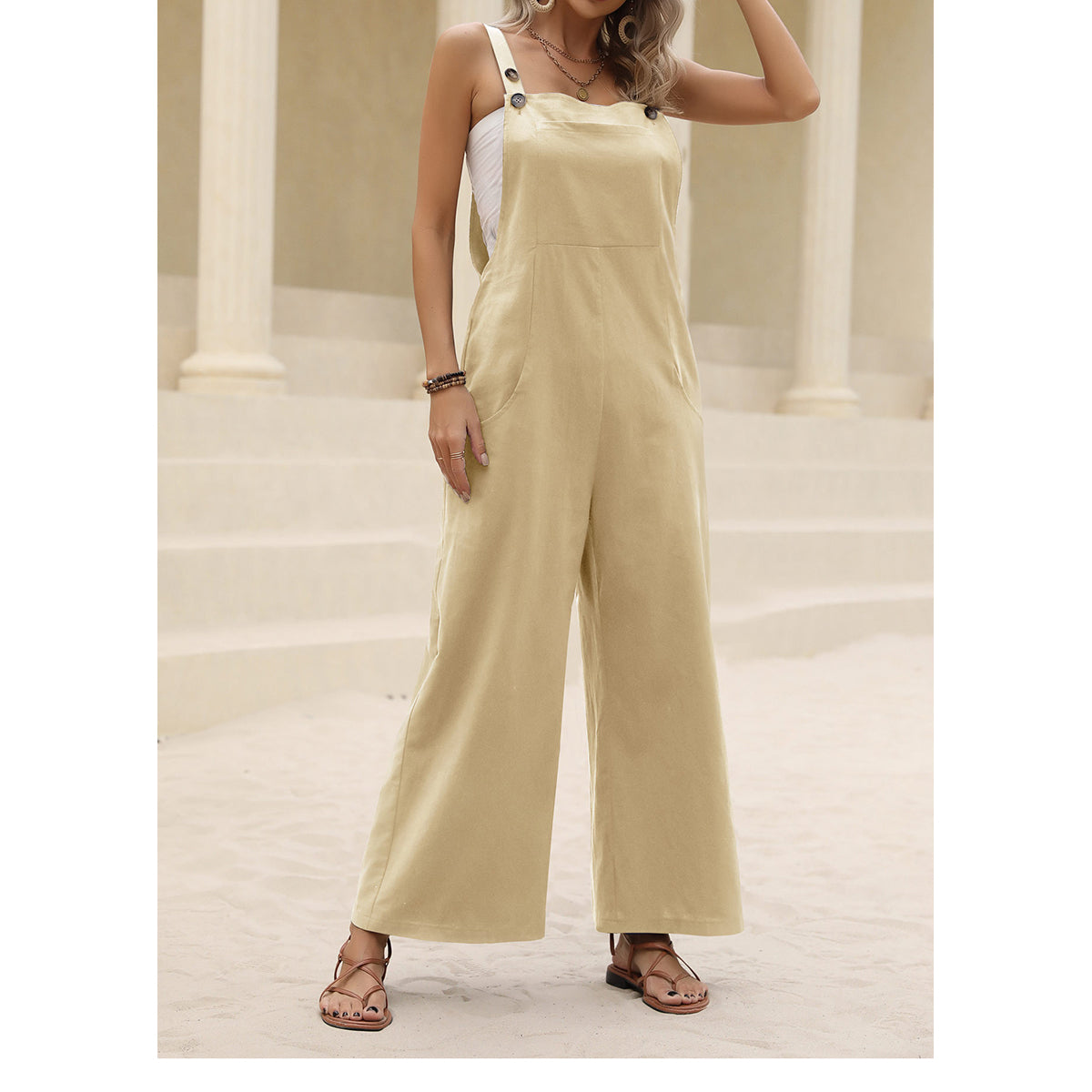 Square Neck Sleeveless Pure Cotton Basic Jumpsuit