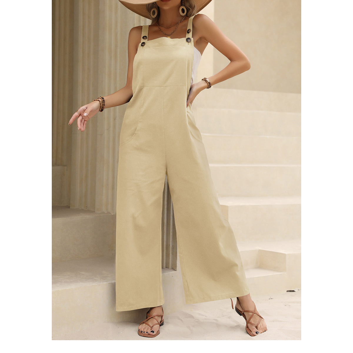 Square Neck Sleeveless Pure Cotton Basic Jumpsuit