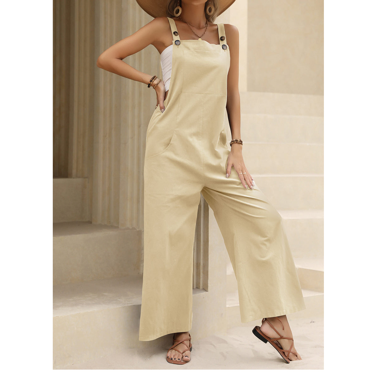Square Neck Sleeveless Pure Cotton Basic Jumpsuit