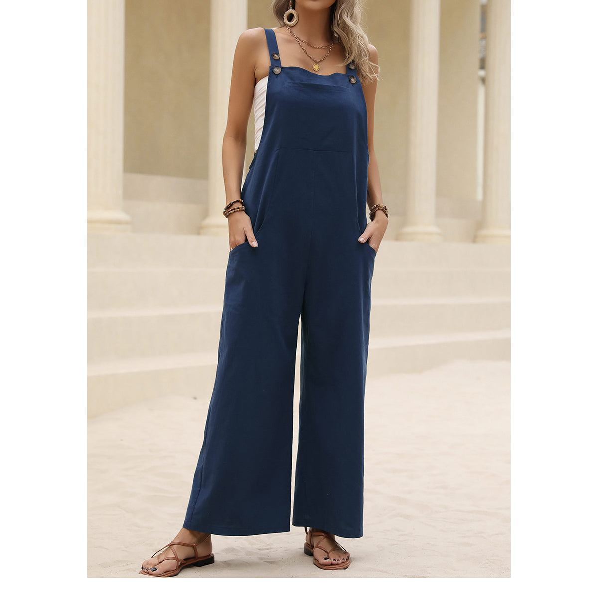 Navy Blue Sleeveless Cotton Basic Jumpsuit