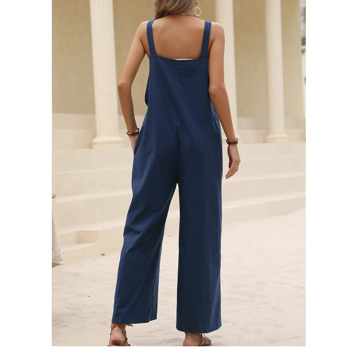 Navy Blue Sleeveless Cotton Basic Jumpsuit