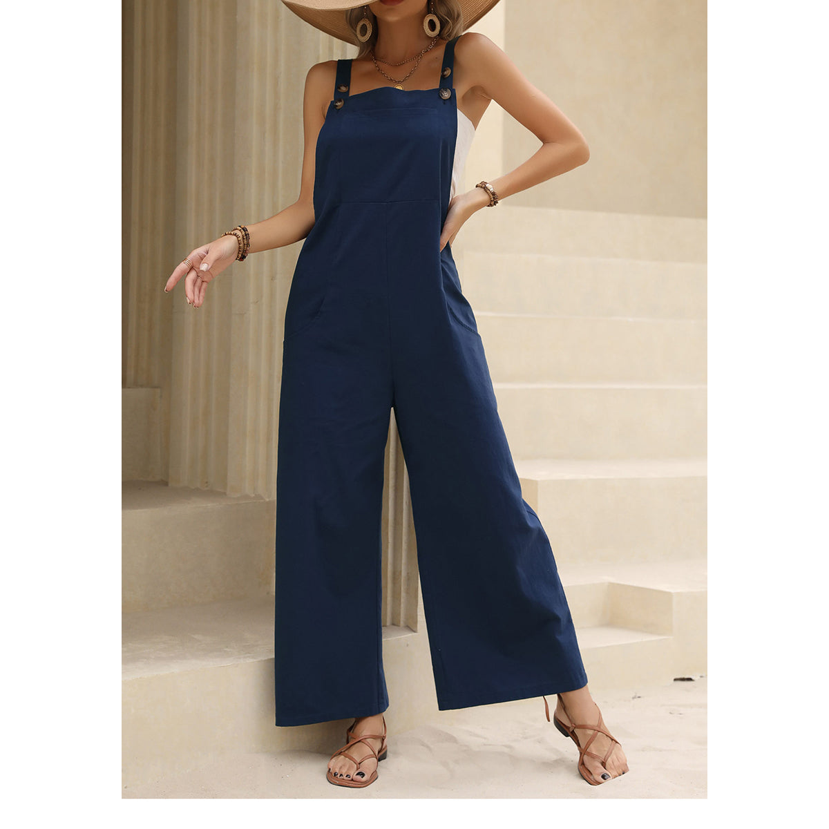 Navy Blue Sleeveless Cotton Basic Jumpsuit