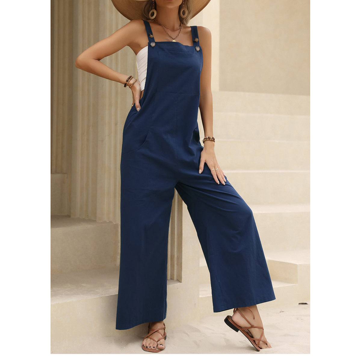 Navy Blue Sleeveless Cotton Basic Jumpsuit