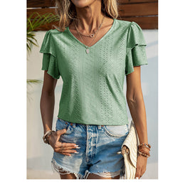 Green V-Neck Flutter Sleeves Casual Top