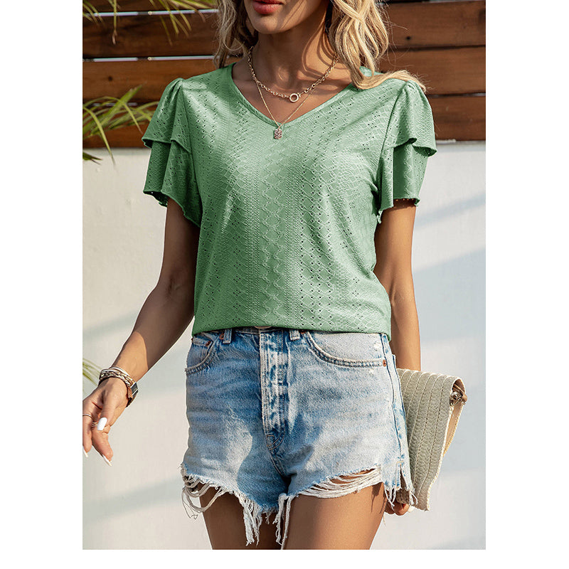 Green V-Neck Flutter Sleeves Casual Top