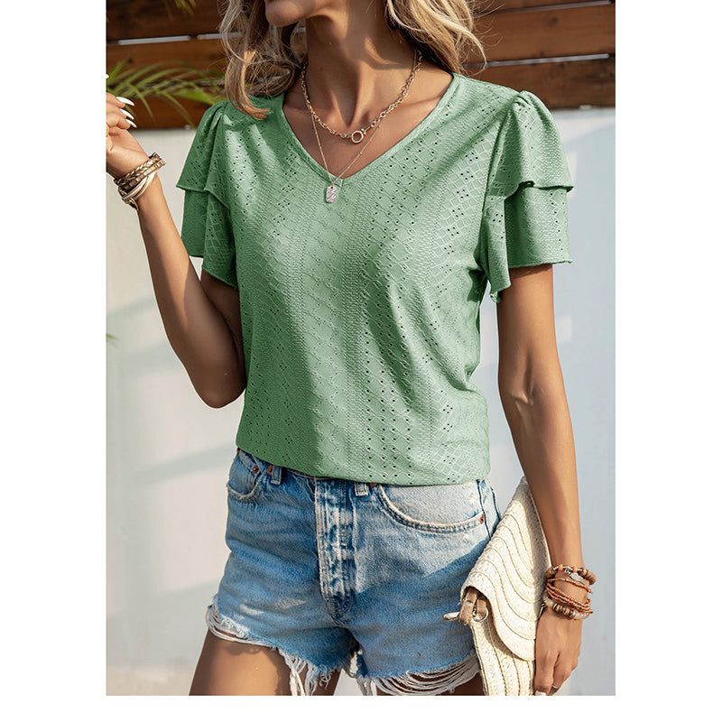 Green V-Neck Flutter Sleeves Casual Top