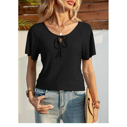 Self Design Tie-Up Neck Short Sleeve Top