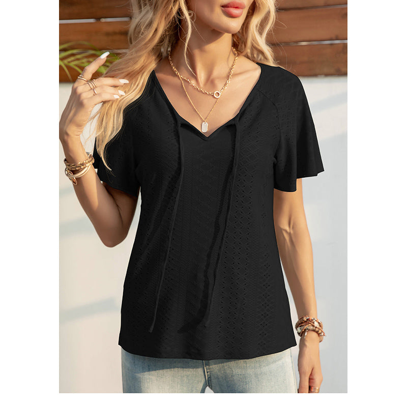 Self Design Tie-Up Neck Short Sleeve Top