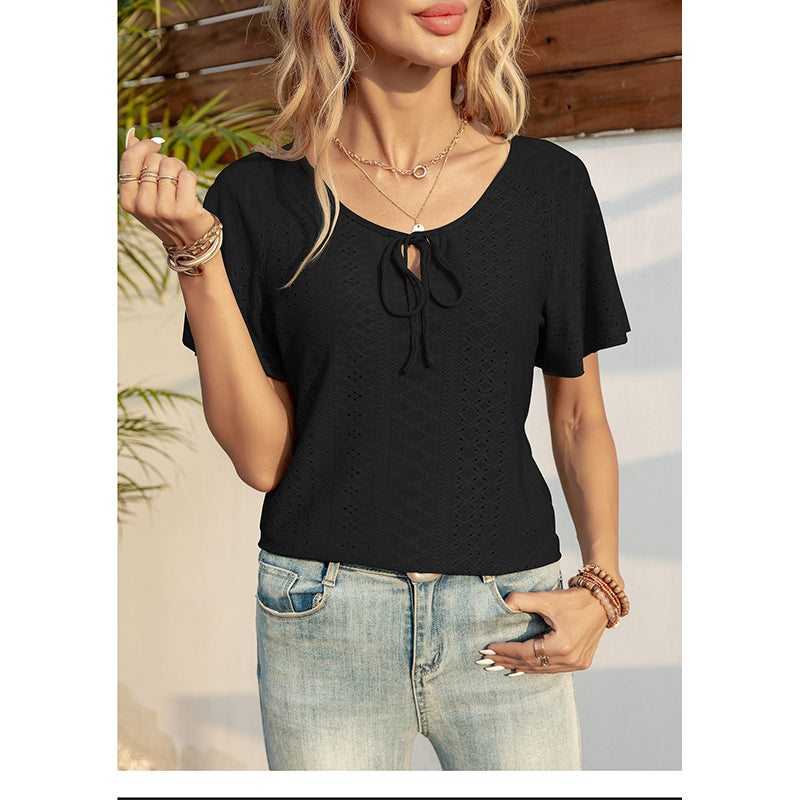 Self Design Tie-Up Neck Short Sleeve Top