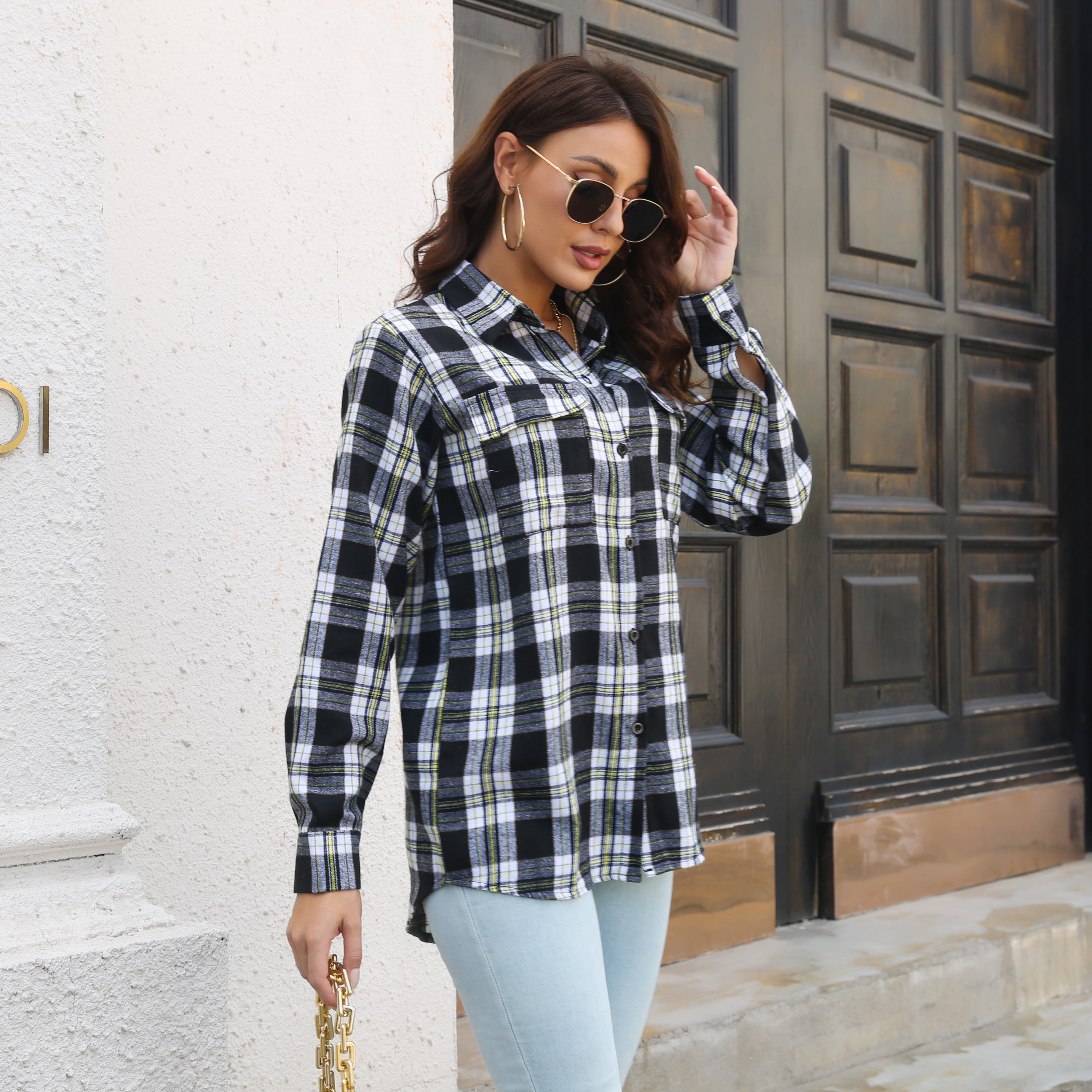 Women Black & White Others Checked Casual Shirt