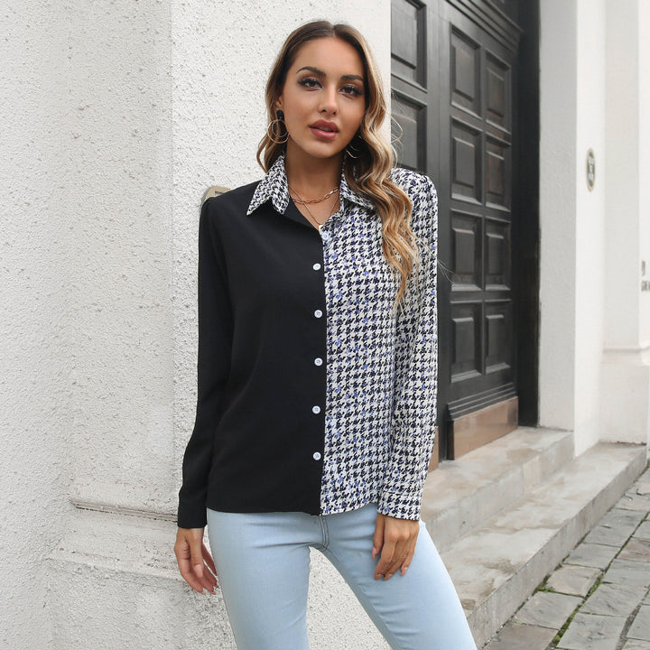 Women Black & White Checked Colourblocked Top