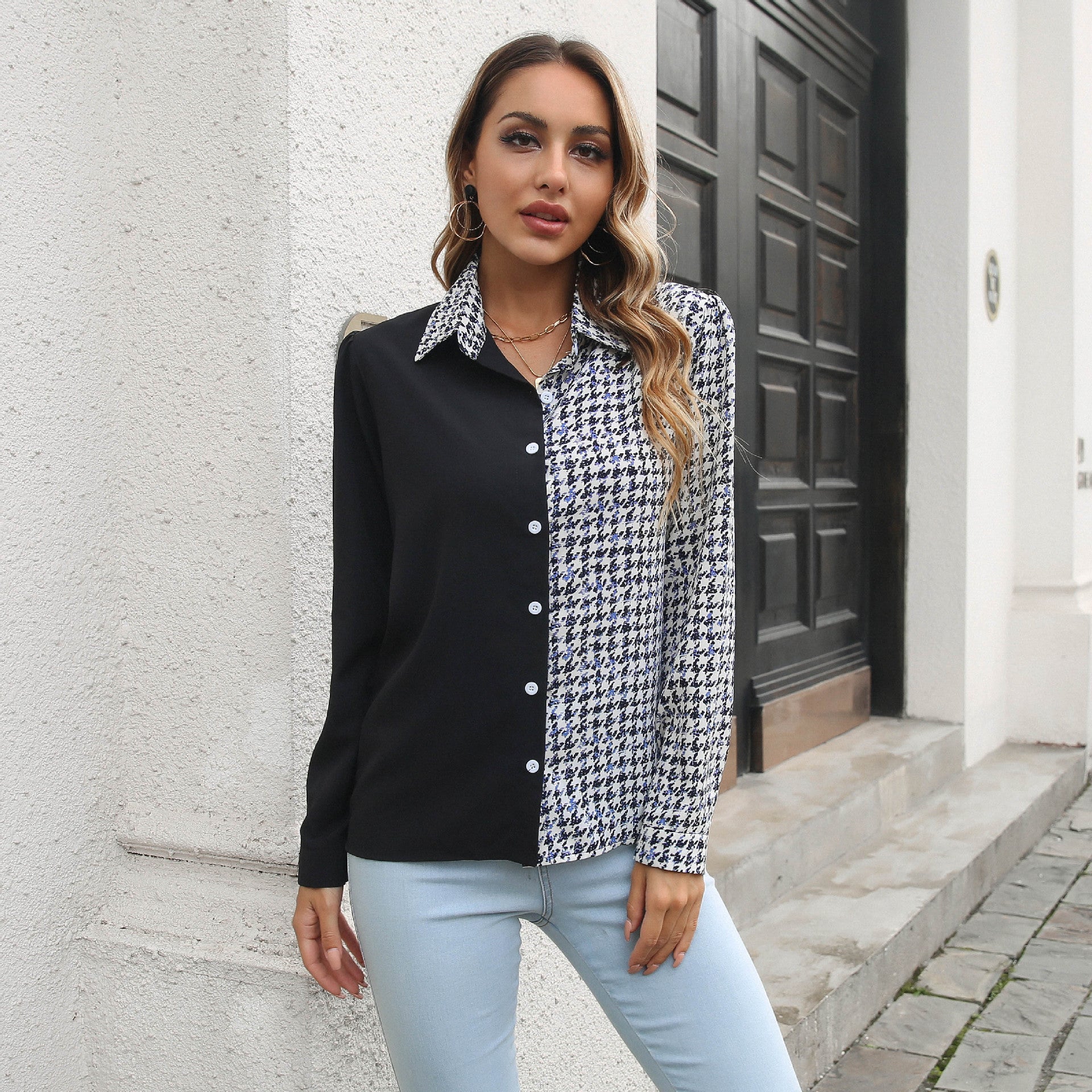 Women Black & White Checked Colourblocked Top