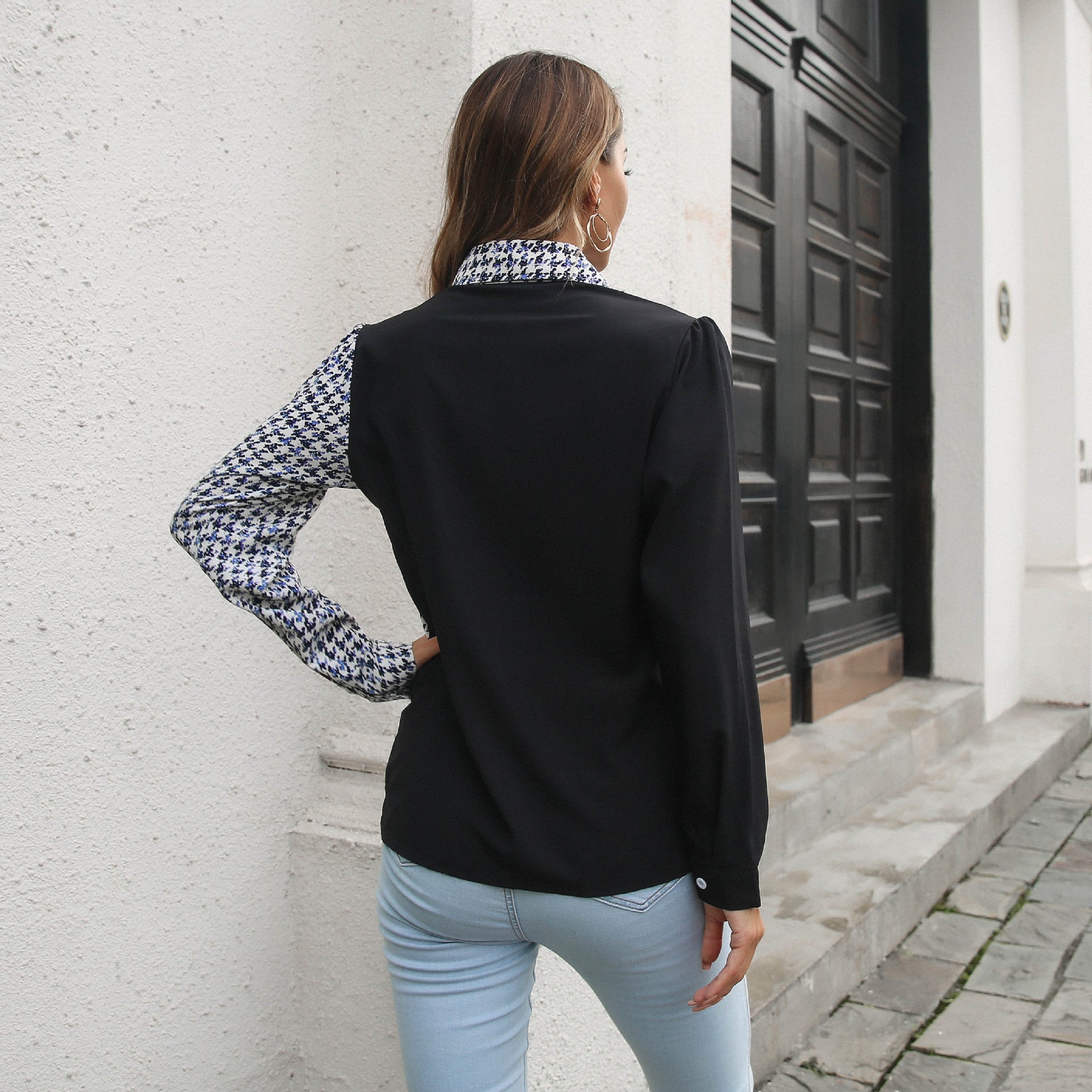 Women Black & White Checked Colourblocked Top