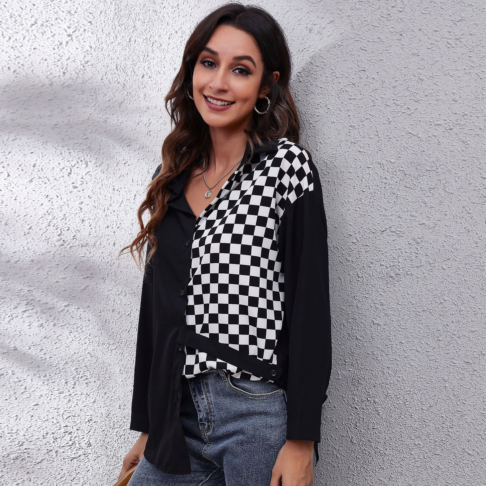 Black & french middle red purple Print Monochrome Shirt Style Top