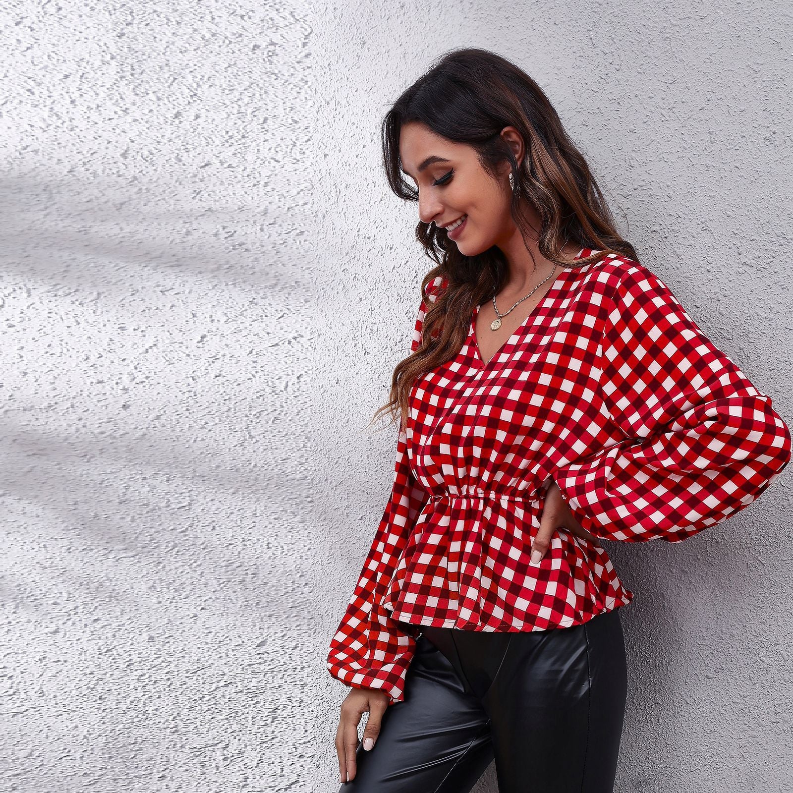 Red Print Cinched Waist Top