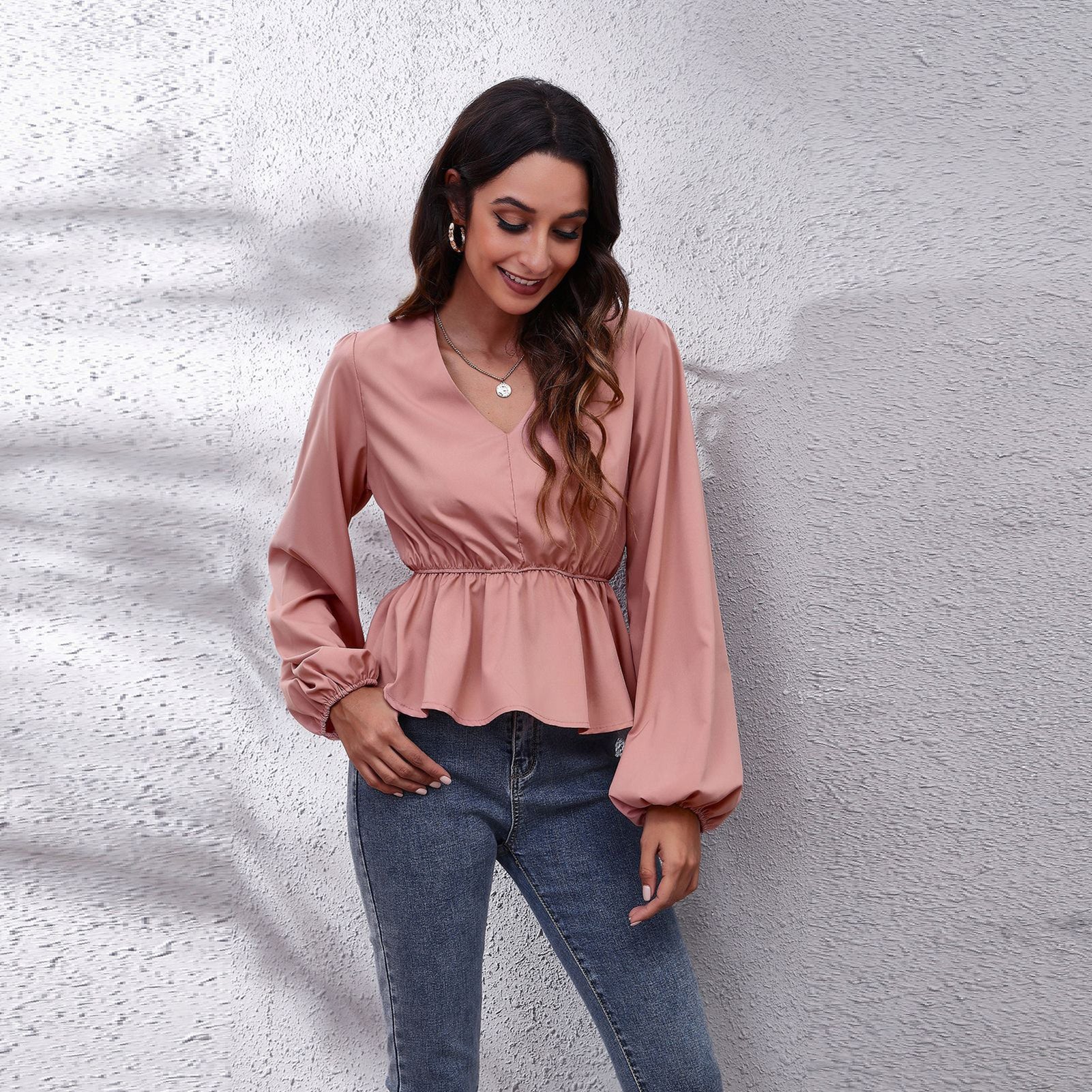 Pink Bishop Sleeves Peplum Top