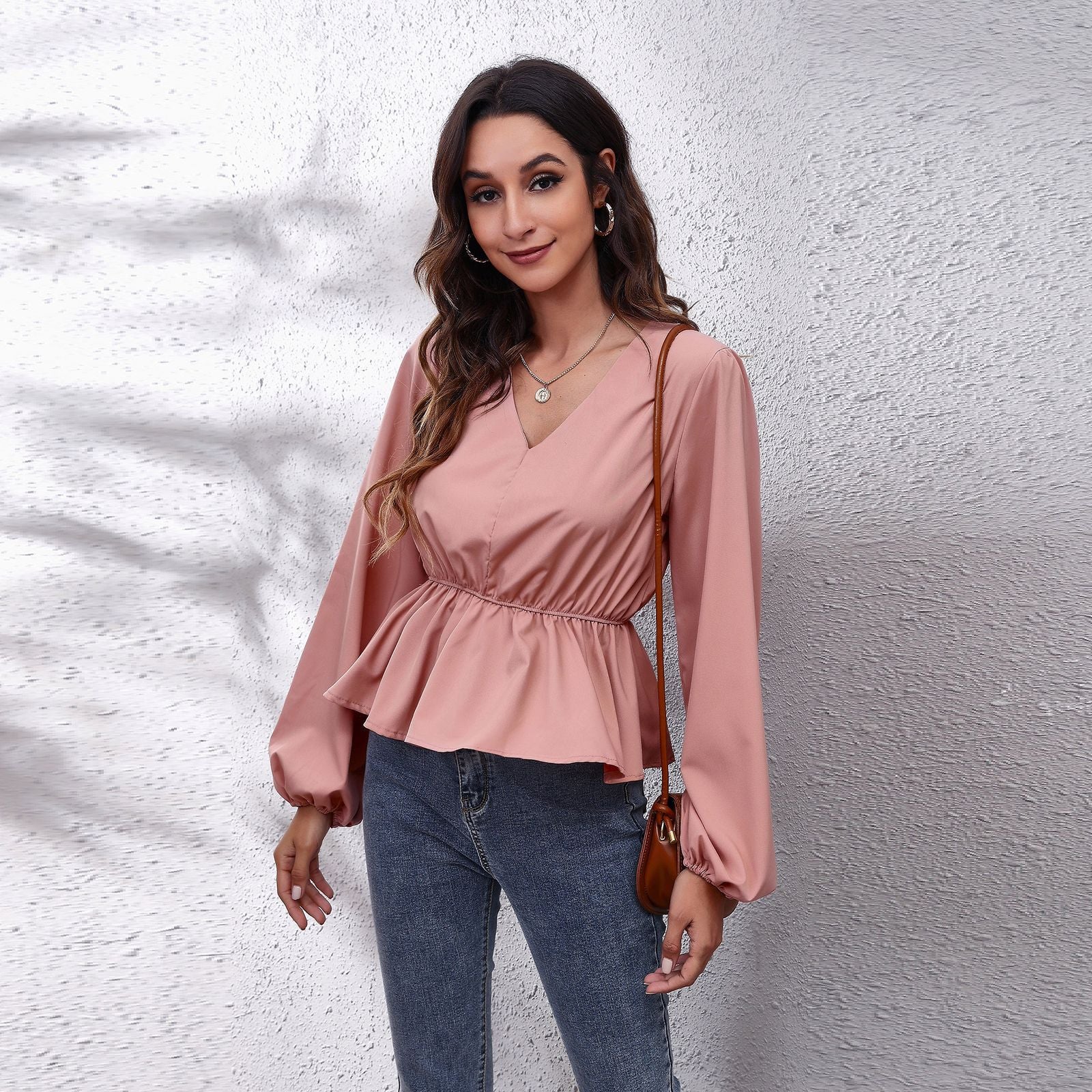 Pink Bishop Sleeves Peplum Top