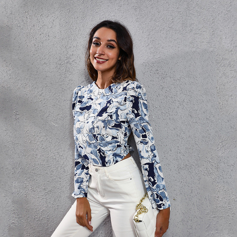 Blue Floral Print Tie-Up Styled Back Top