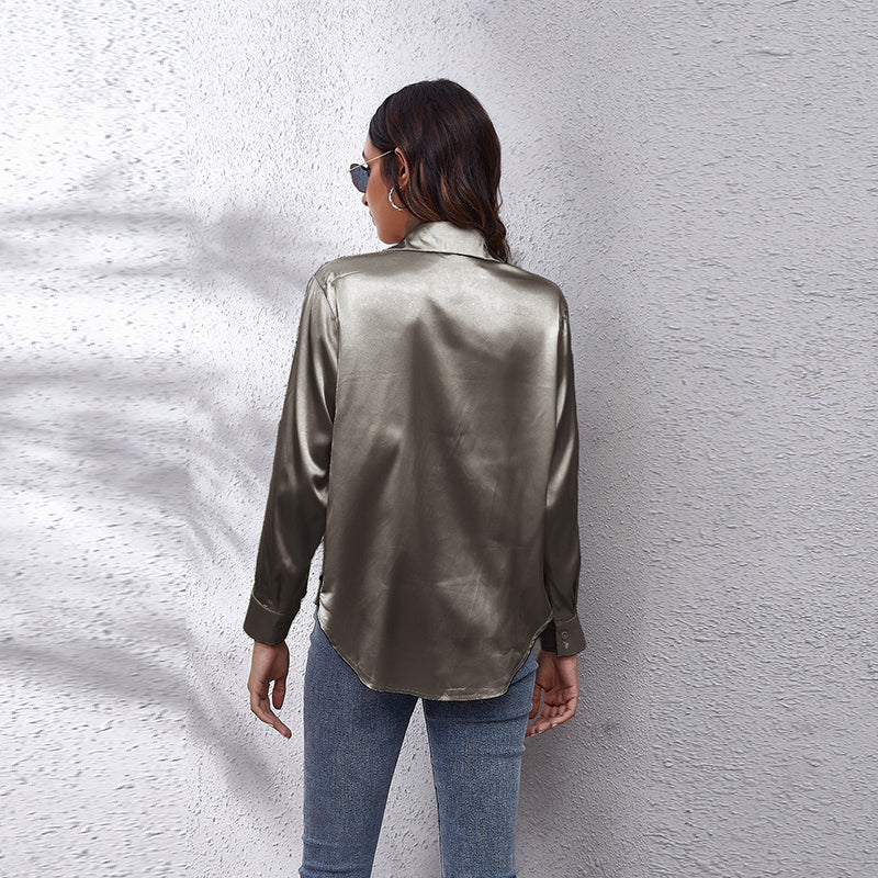 Grey Shirt Collar High-Low Longline Regular Top