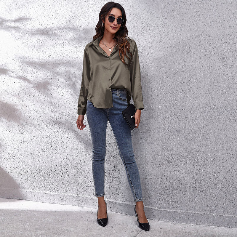 Grey Shirt Collar High-Low Longline Regular Top