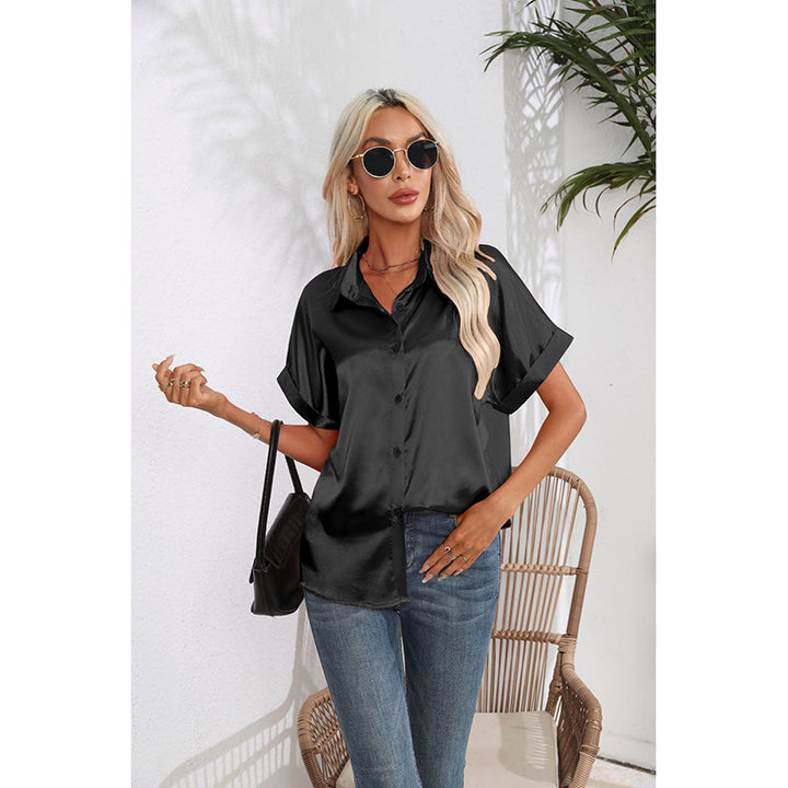 Black Extended Sleeves Shirt Style Satin Top
