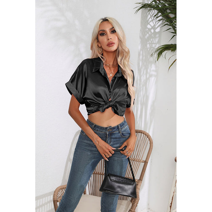 Black Extended Sleeves Shirt Style Satin Top