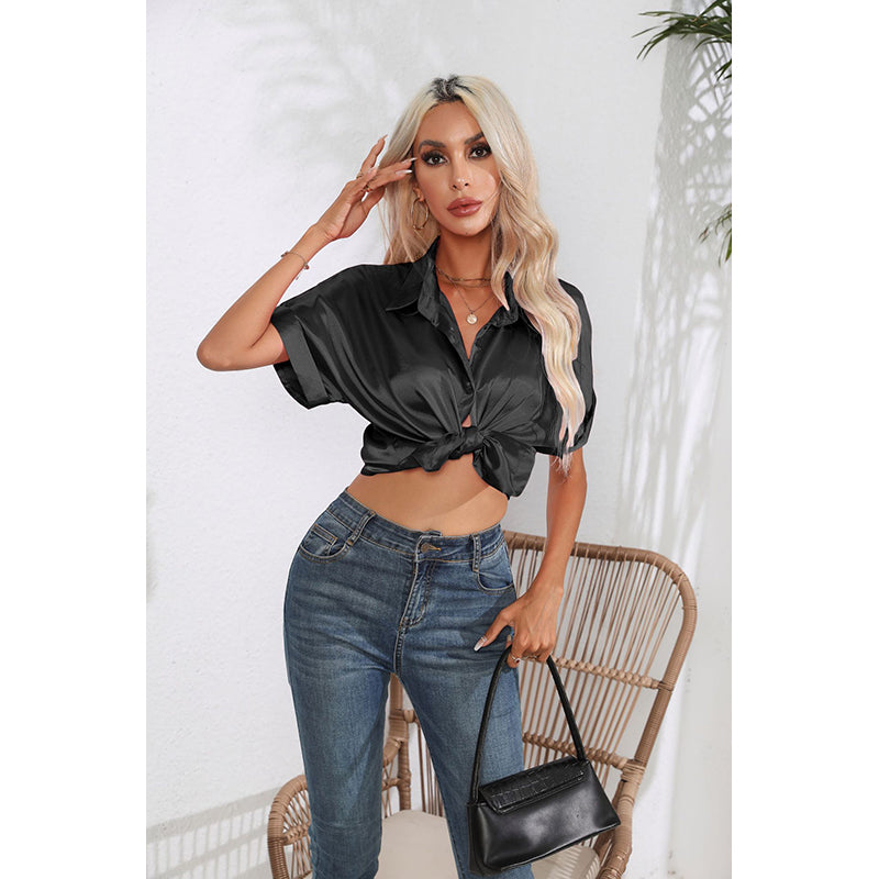 Black Extended Sleeves Shirt Style Satin Top